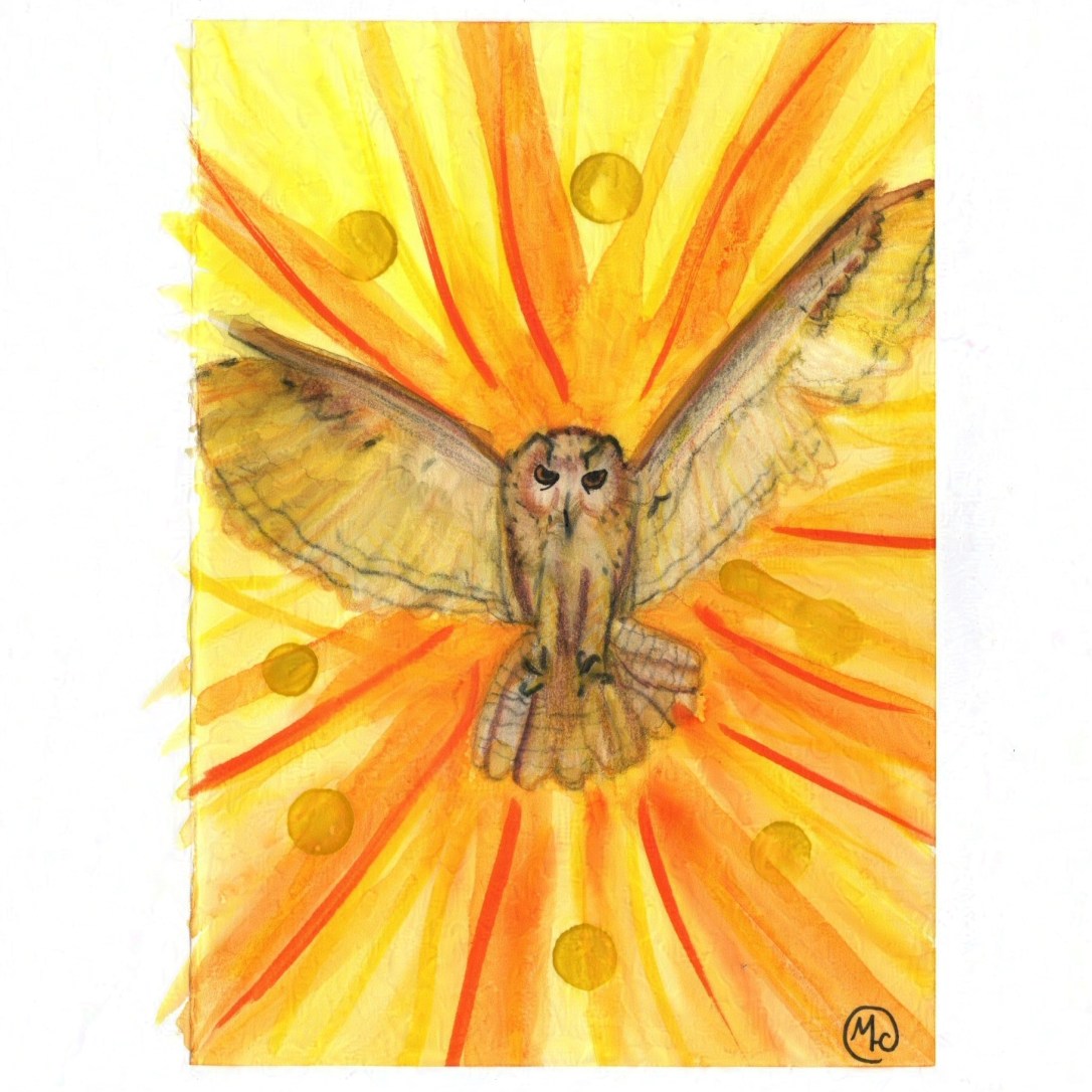 Watercolour painting of an owl on a fiery yellow background.