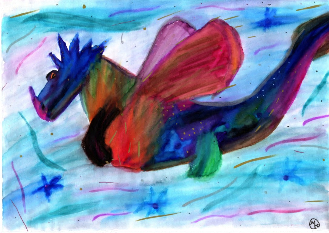 Watercolour painting of a rainbow dragon with blue flowers in the background.