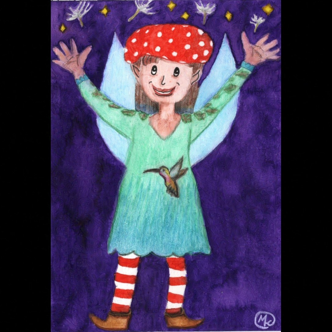 Illustration of a fairy with a red mushroom hat, a colibri dress with ivy leaves on the sleeves, and red-striped stockings.