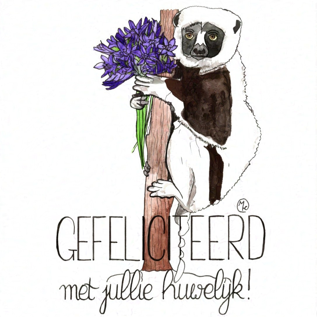 Card depicting a sifaka holding a bouqet of agapanthus flowers while clinging to a tree trunk, with handlettered text below.
