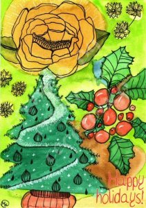 Colourful card with a light green background, an orange peony, some holly with large berries, a decorated Christmas tree, and six small flowers. The red text at the bottom right corner says "Happy holidays!".