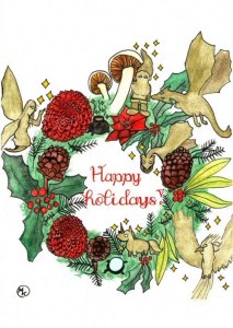 Handdrawn Christmas wreath with magical creatures