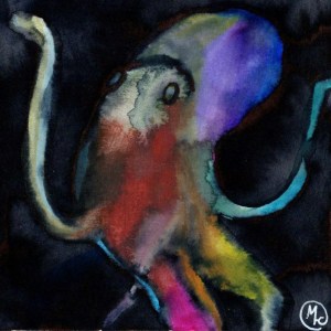 Watercolour painting of an octopus in all the colours of the rainbow.