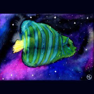 Painting of an angelfish in a starry background in galaxy colours.