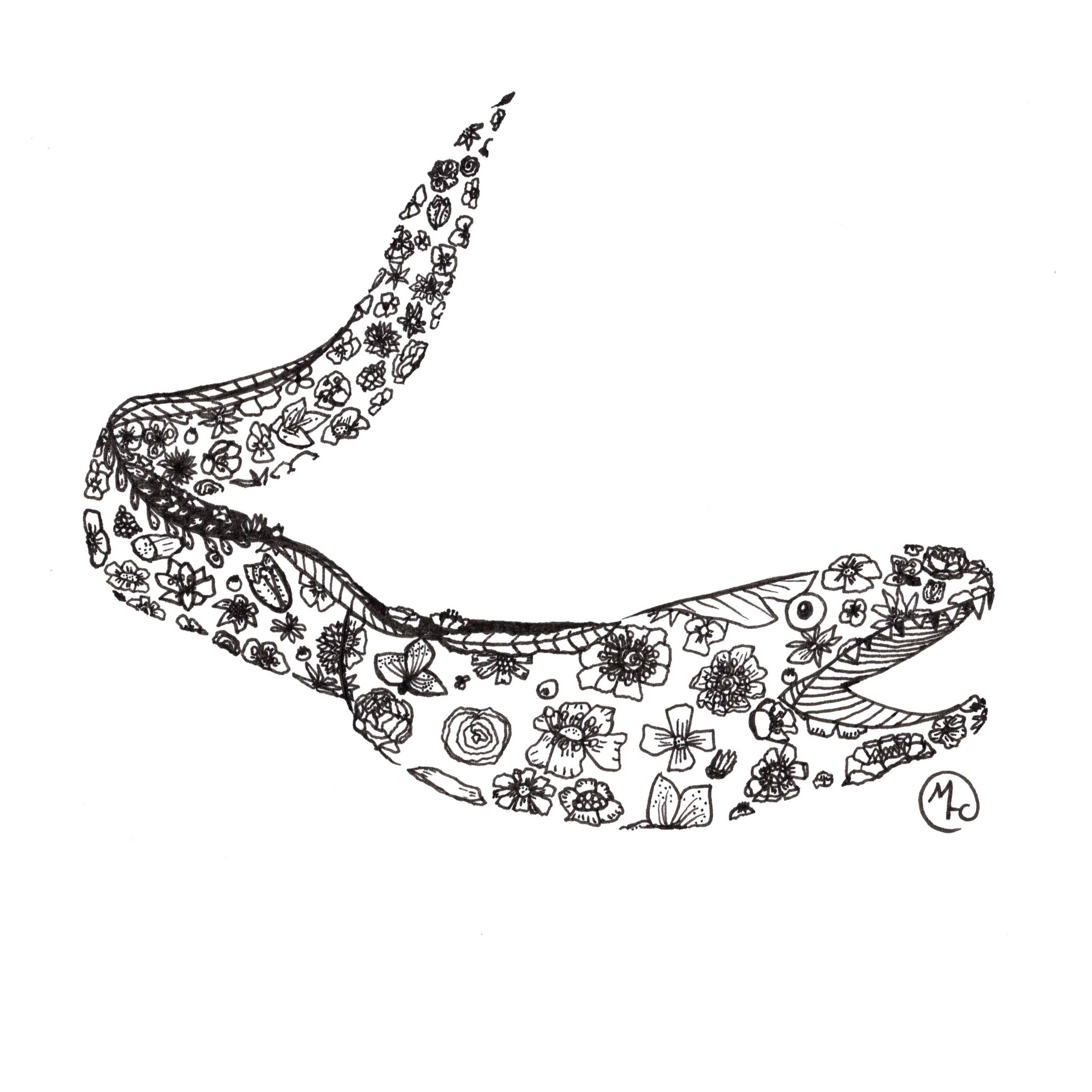Floral illustration of a spotted moray, black and white