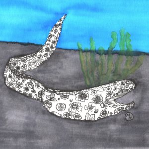 Illustration of a floral spotted moray with a watercolour background