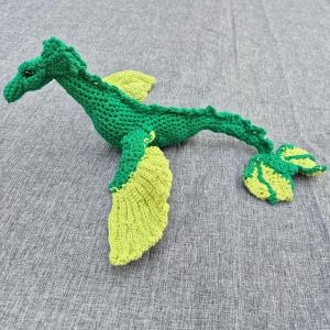 Photo of a crocheted green sea dragon