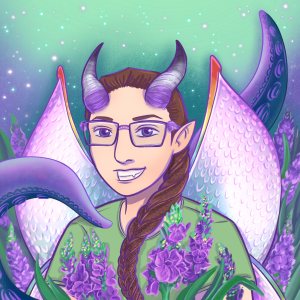Handdrawn portrait of a smiling white person with horns in the colours of the ace flag, glasses with purple tentacle details, long brown braided hair, a green t-shirt, rainbow scaled dragon wings, a couple of purple tentacles, and lots of purple flowers all around. Stars are scattered over the atmospheric green background.