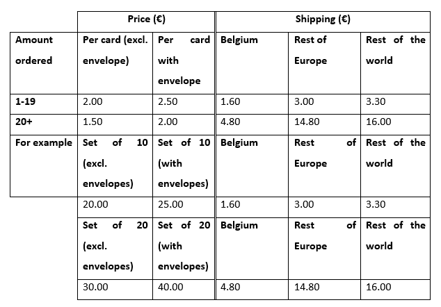 Table of prices: please feel free to contact me for a price calculation if you can't see the table.